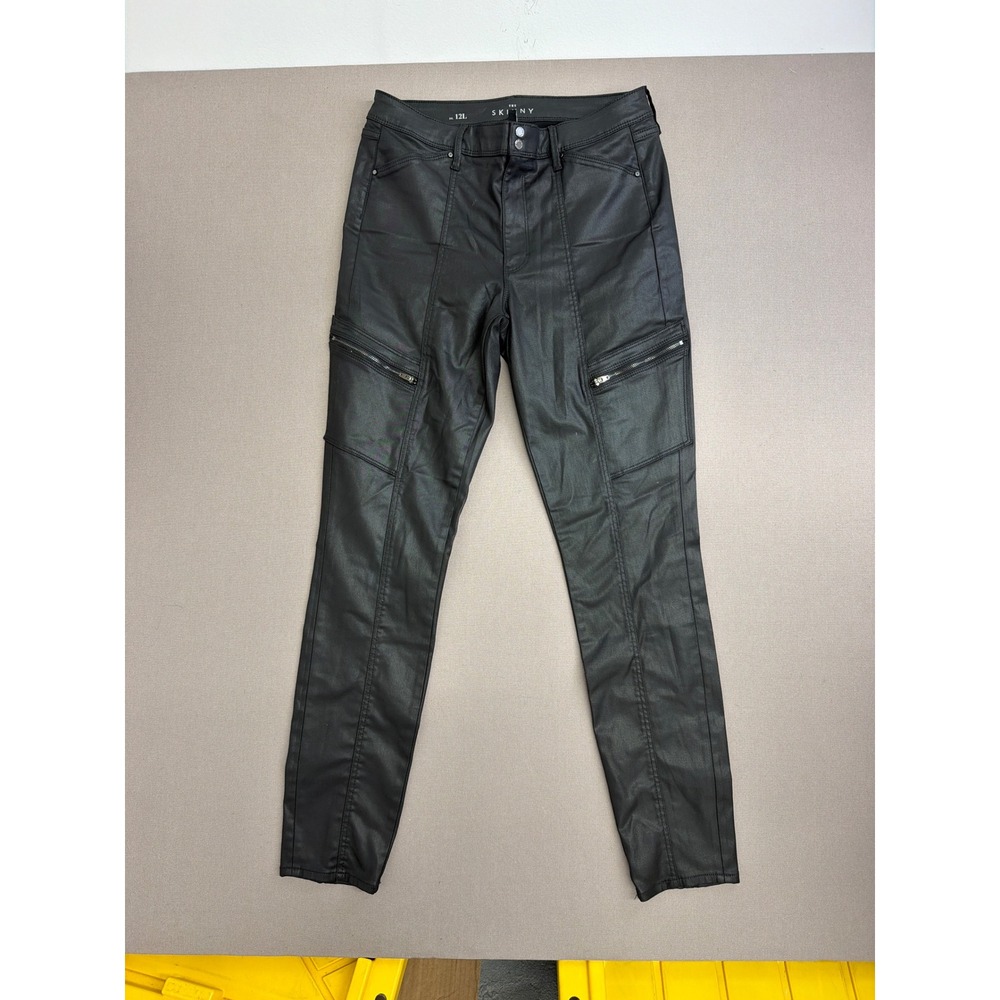 The Skinny Black Coated Waxed Moto Skinny Pants Size 12L High Rise Zipper Detail